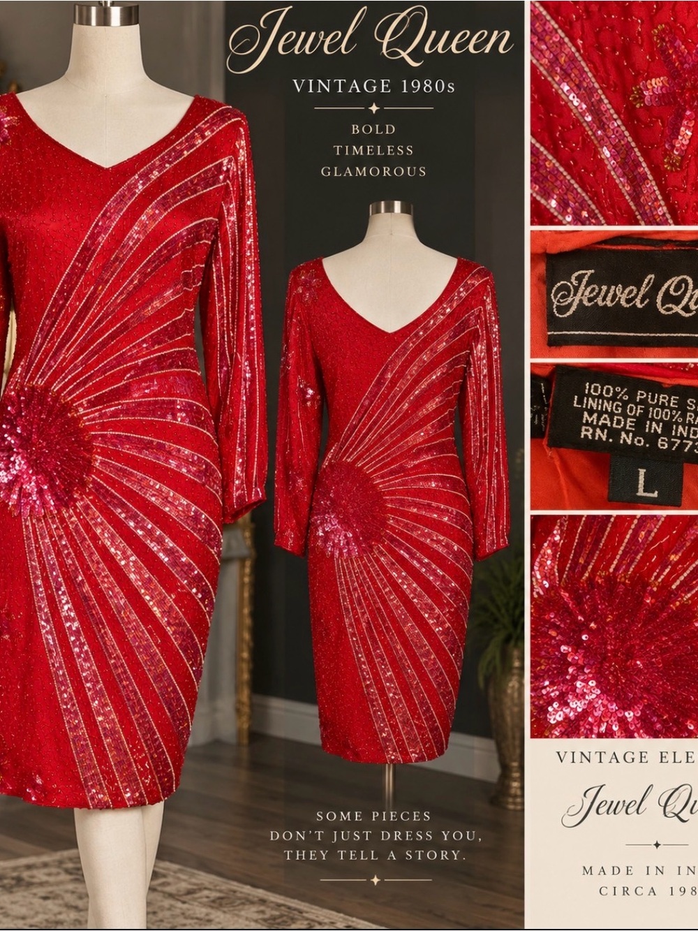 Vintage 1980s Jewel Queen Red Beaded Silk Dress Size L